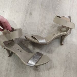 Pedro Garcia Beige and Metallic Sandal Heels